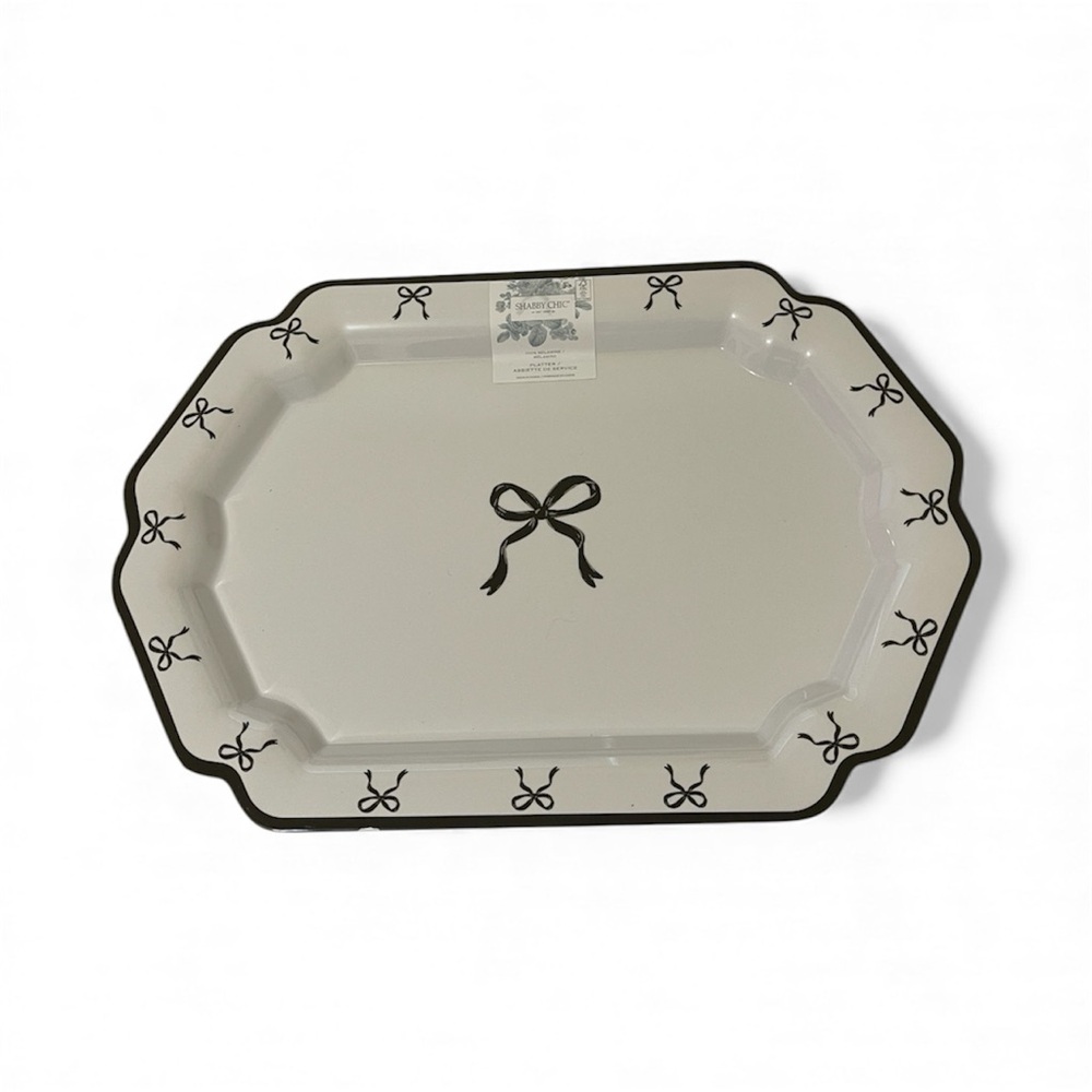 Shabby Chic Melamine Serving Tray with a Black Bow Design NWT *